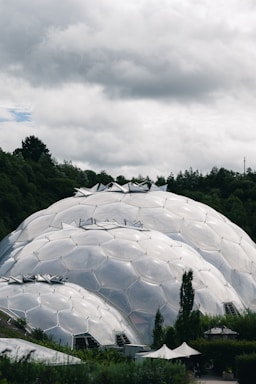 Large geodesic domes constructed with hexagonal and pentagonal segments dominate the foreground, surrounded by lush greenery and trees under an overcast sky.