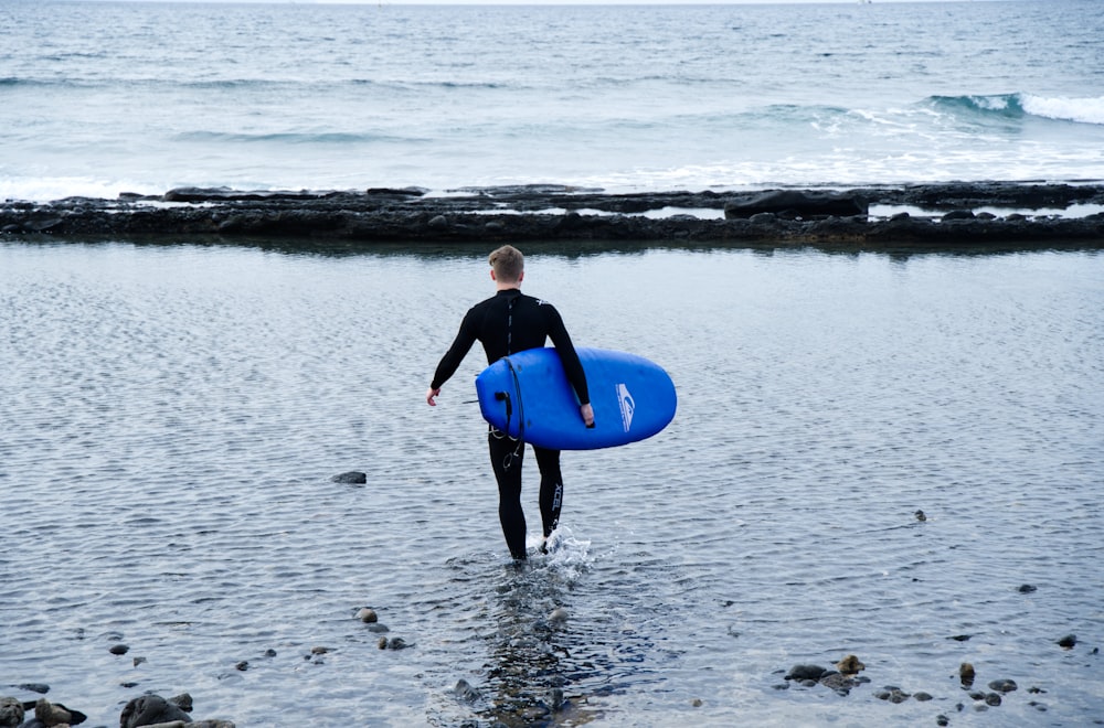 a man in a wet suit carrying a blue surfboard