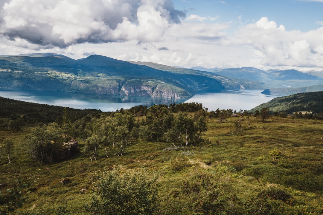 a scenic view of a mountain range with a lake in the distance,