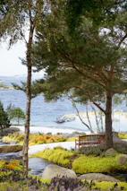 A scenic view of a peaceful park with blooming flowers and people reading on benches.