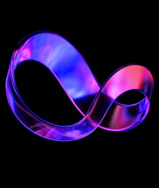 A luminous, abstract infinity loop with vibrant hues of blue, purple, and pink against a dark background. The loop has a glossy, reflective surface that highlights the interplay of colors and light.