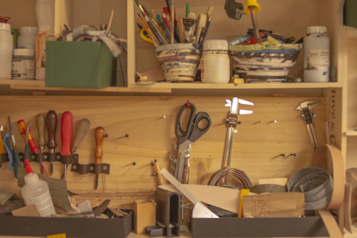 Shelves filled with various construction tools and supplies