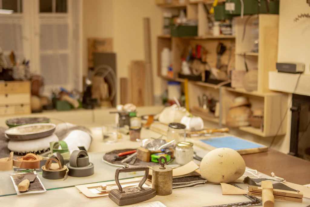 A workbench filled with tools used in scenic fabrication