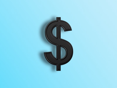 A black dollar sign symbol positioned against a light blue gradient background. The symbol casts a slight shadow, giving it a three-dimensional appearance.