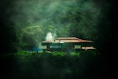 A lodge or hotel is nestled among dense, green forest with mist surrounding the area. White smoke is visible rising from the building, suggesting an isolated, serene setting.