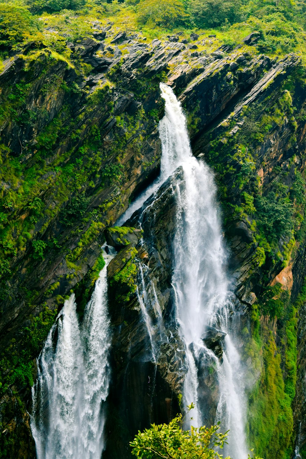 a large waterfall in the middle of a lush green forest