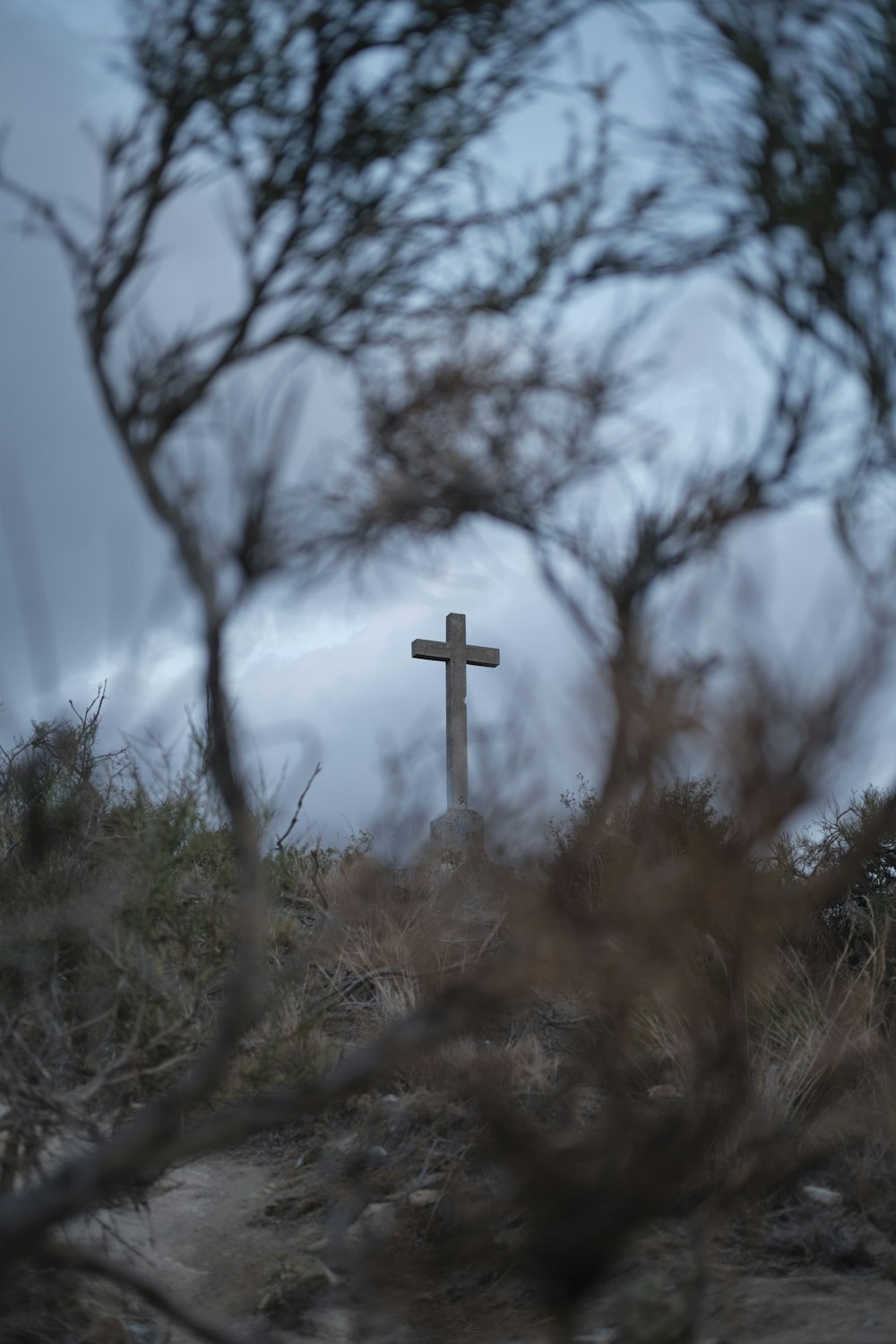 a cross on a hill with trees in the foreground