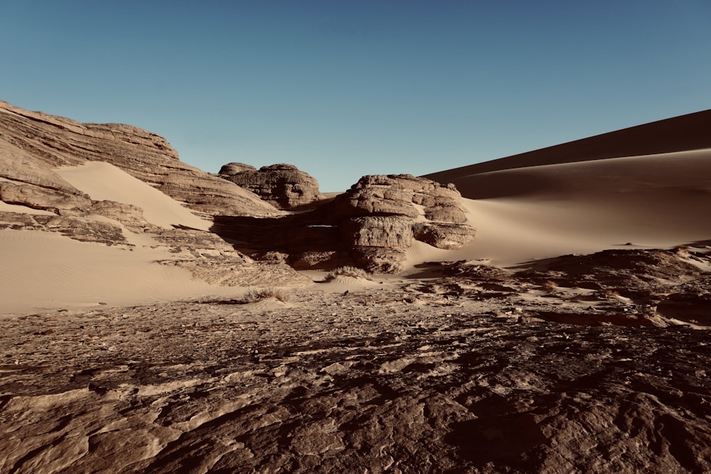 Eine Wüstenlandschaft mit Felsen und Sanddünen