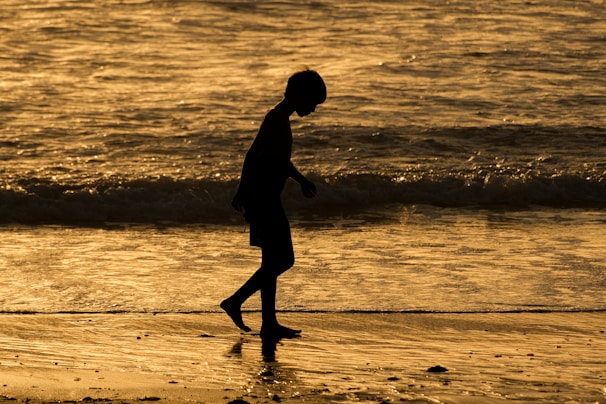 a person walking on a beach near the ocean