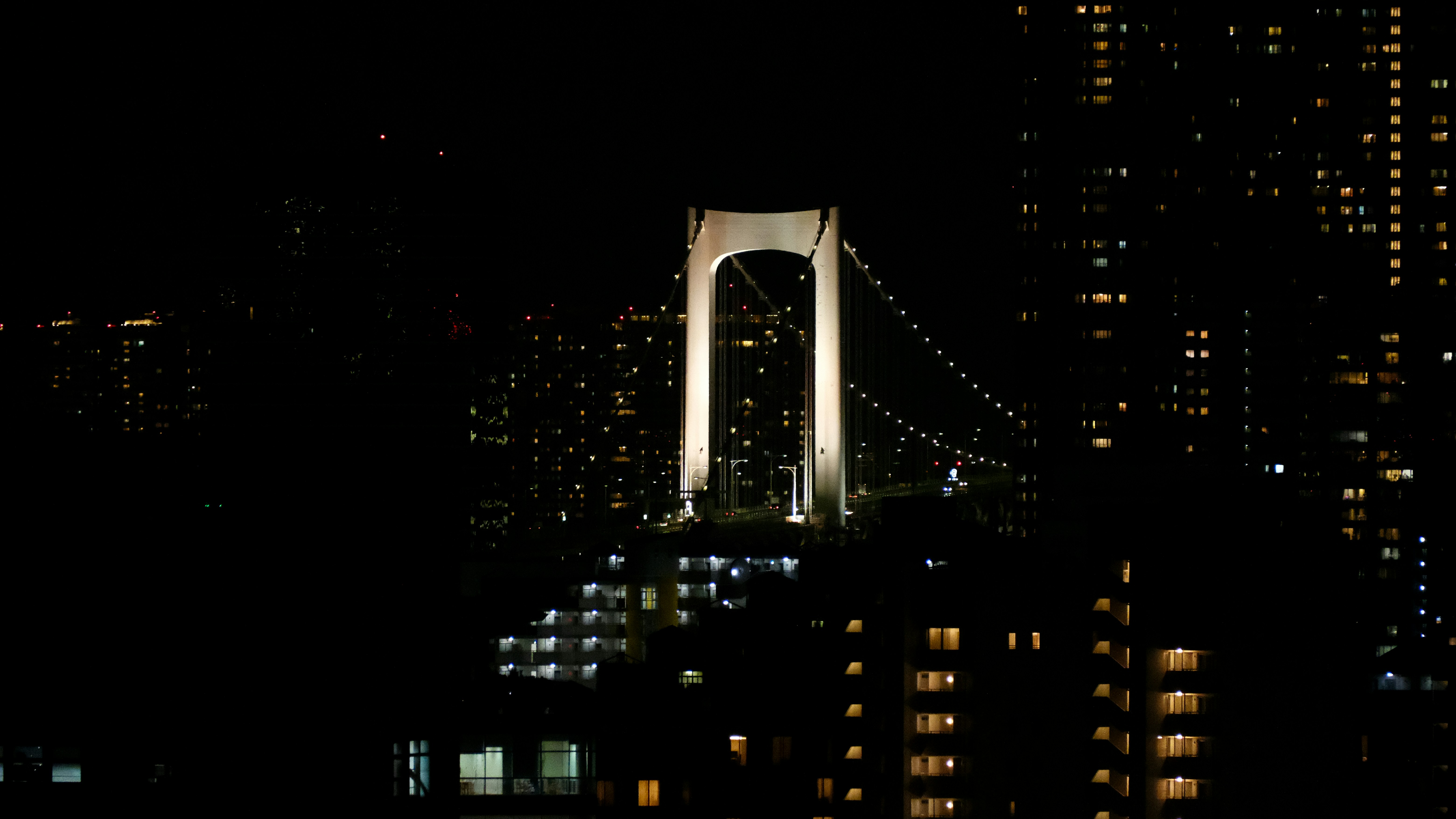 a very tall bridge in the middle of a city at night