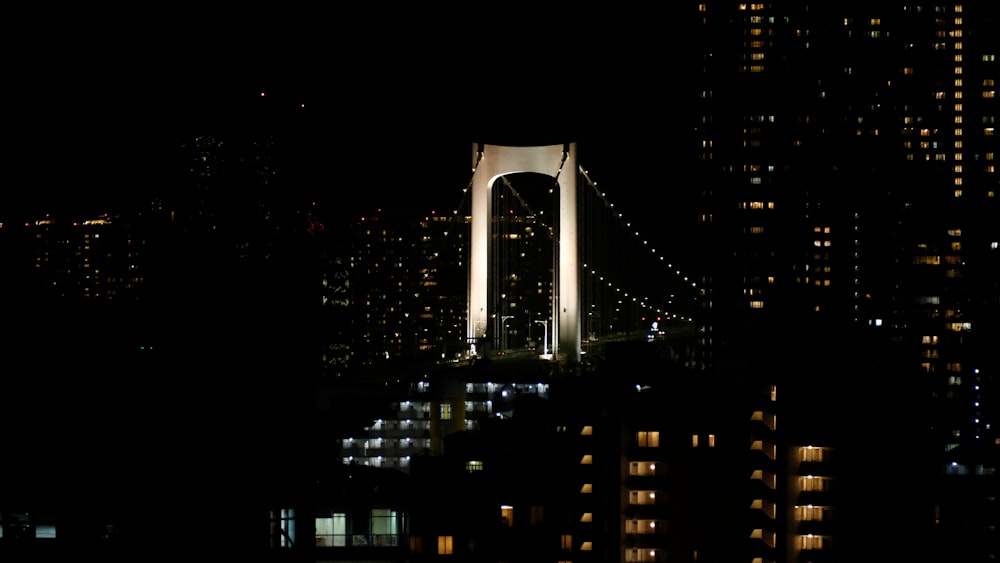 a very tall bridge in the middle of a city at night