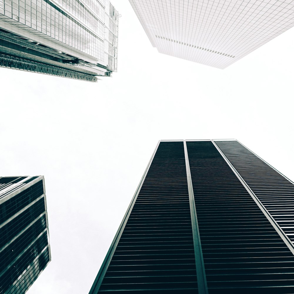 looking up at two tall buildings in a city