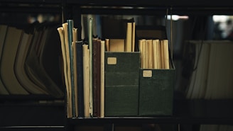 a bookshelf filled with lots of books and papers