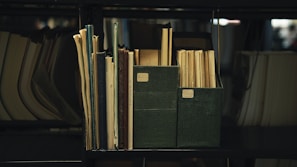 a bookshelf filled with lots of books and papers