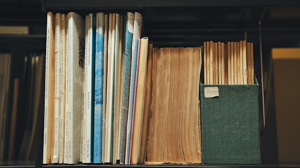 An array of printed materials displayed on a shelf.
