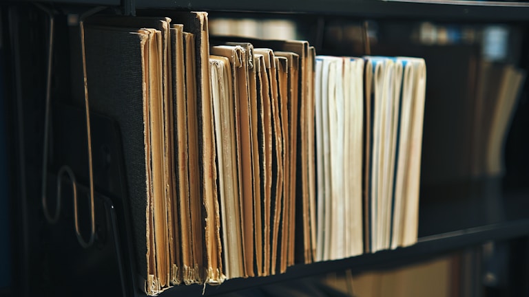 A collection of old, worn folders and files are neatly arranged on a dark shelf. The edges of the papers are yellowed, indicating age, and the surface of the shelf is a deep black, providing contrast to the light-colored documents.