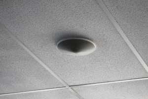 A ceiling with acoustic tiles arranged in a grid pattern and a round speaker or smoke detector mounted in the center of one tile.