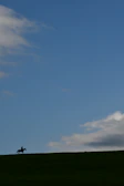 A silhouette of a cowboy on horseback against a vast desert sky, with distant mountains.