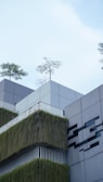 A modern building facade features sleek geometric designs and is adorned with green vertical gardens. Trees are planted atop the structure, adding a touch of nature. The walls are primarily composed of clean gray panels, and there are some artistic black patterns adding contrast.