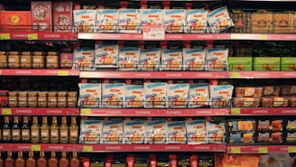 a display in a grocery store filled with lots of food