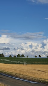 A rural landscape featuring a wide open field with a clear blue sky and scattered clouds in the background. The horizon shows a row of evenly spaced trees, and an irrigation structure runs across the green section of the field.