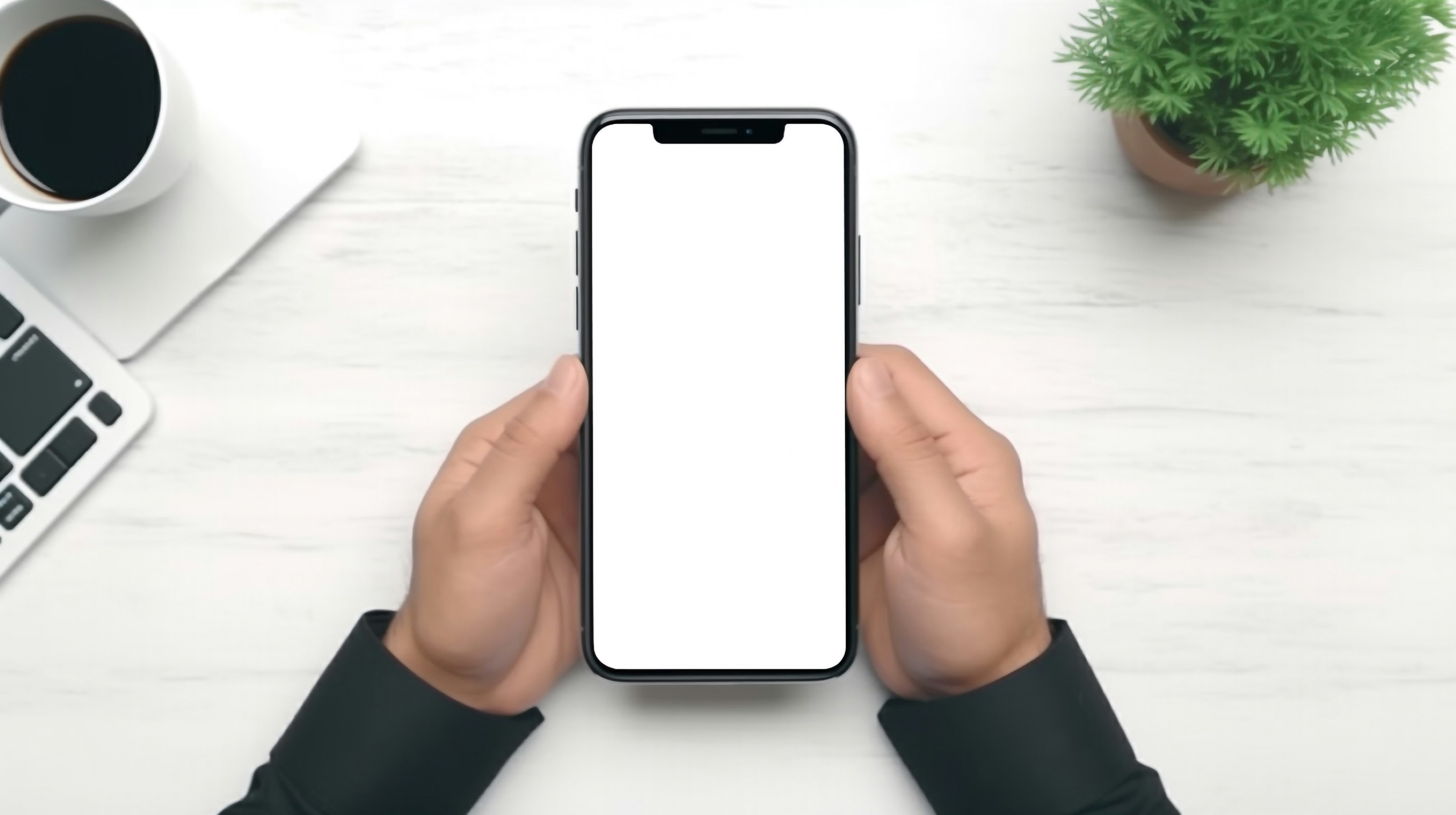 a person holding a phone with a white screen