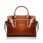 a brown leather handbag on a white background