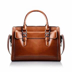 Elegant top handle bag in rich brown leather displayed on a minimalist black pedestal