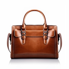 a brown leather handbag on a white background