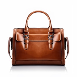 A brown leather handbag with a structured rectangular shape is prominently displayed. It features two handles and buckle accents on the front, highlighting a classic and elegant design. The stitching is visible along the edges, adding to the refined appearance.