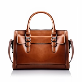 a brown leather handbag on a white background