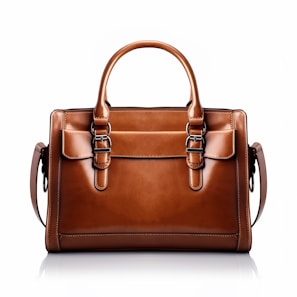 A brown leather handbag with a structured rectangular shape is prominently displayed. It features two handles and buckle accents on the front, highlighting a classic and elegant design. The stitching is visible along the edges, adding to the refined appearance.