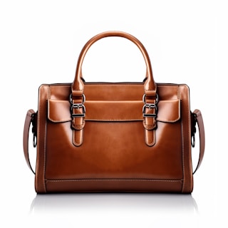 A brown leather handbag with a structured rectangular shape is prominently displayed. It features two handles and buckle accents on the front, highlighting a classic and elegant design. The stitching is visible along the edges, adding to the refined appearance.
