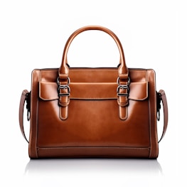 A brown leather handbag with a structured rectangular shape is prominently displayed. It features two handles and buckle accents on the front, highlighting a classic and elegant design. The stitching is visible along the edges, adding to the refined appearance.