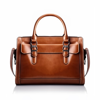 A brown leather handbag with a structured rectangular shape is prominently displayed. It features two handles and buckle accents on the front, highlighting a classic and elegant design. The stitching is visible along the edges, adding to the refined appearance.