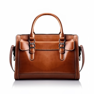 a brown leather handbag on a white background