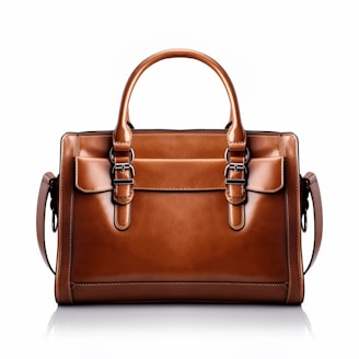 A brown leather handbag with a structured rectangular shape is prominently displayed. It features two handles and buckle accents on the front, highlighting a classic and elegant design. The stitching is visible along the edges, adding to the refined appearance.