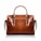 A brown leather handbag with a structured rectangular shape is prominently displayed. It features two handles and buckle accents on the front, highlighting a classic and elegant design. The stitching is visible along the edges, adding to the refined appearance.