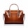 A brown leather handbag with a structured rectangular shape is prominently displayed. It features two handles and buckle accents on the front, highlighting a classic and elegant design. The stitching is visible along the edges, adding to the refined appearance.