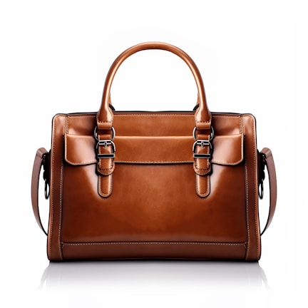 A brown leather handbag with a structured rectangular shape is prominently displayed. It features two handles and buckle accents on the front, highlighting a classic and elegant design. The stitching is visible along the edges, adding to the refined appearance.