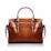 A brown leather handbag with a structured rectangular shape is prominently displayed. It features two handles and buckle accents on the front, highlighting a classic and elegant design. The stitching is visible along the edges, adding to the refined appearance.