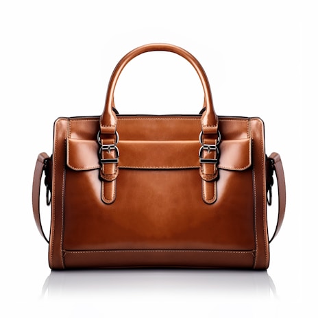 A brown leather handbag with a structured rectangular shape is prominently displayed. It features two handles and buckle accents on the front, highlighting a classic and elegant design. The stitching is visible along the edges, adding to the refined appearance.