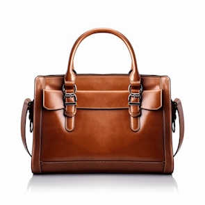 A brown leather handbag with a structured rectangular shape is prominently displayed. It features two handles and buckle accents on the front, highlighting a classic and elegant design. The stitching is visible along the edges, adding to the refined appearance.