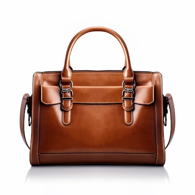 A brown leather handbag with a structured rectangular shape is prominently displayed. It features two handles and buckle accents on the front, highlighting a classic and elegant design. The stitching is visible along the edges, adding to the refined appearance.