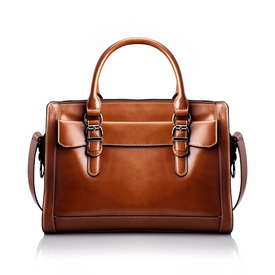 A brown leather handbag with a structured rectangular shape is prominently displayed. It features two handles and buckle accents on the front, highlighting a classic and elegant design. The stitching is visible along the edges, adding to the refined appearance.