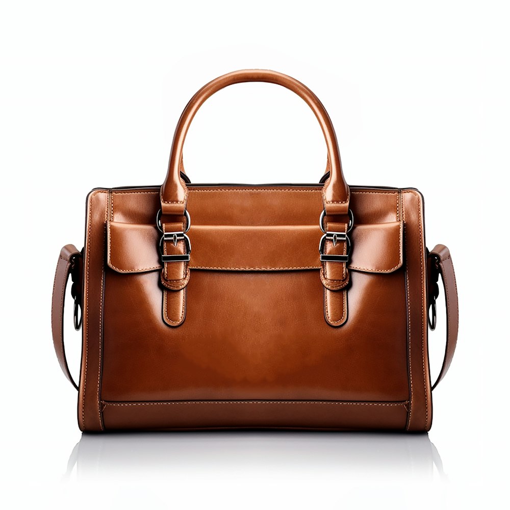 a brown leather handbag on a white background