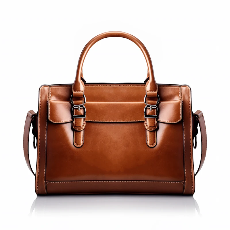 Brown leather handbag with buckle straps