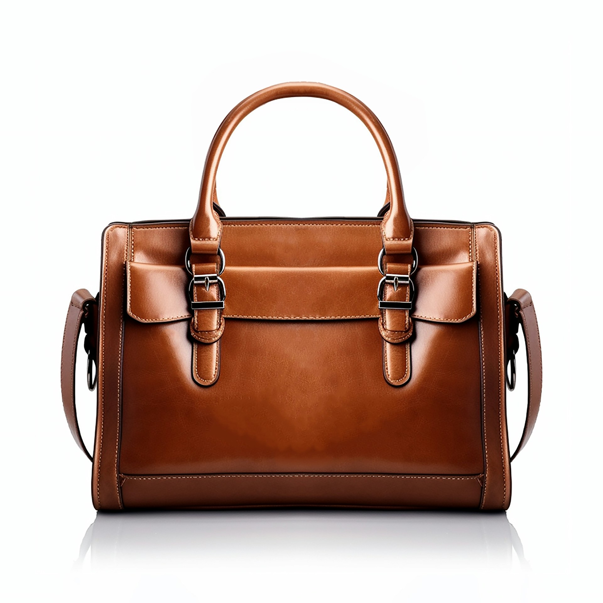 a brown leather handbag on a white background