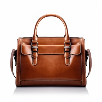 A brown leather handbag with a structured rectangular shape is prominently displayed. It features two handles and buckle accents on the front, highlighting a classic and elegant design. The stitching is visible along the edges, adding to the refined appearance.