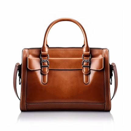 A brown leather handbag with a structured rectangular shape is prominently displayed. It features two handles and buckle accents on the front, highlighting a classic and elegant design. The stitching is visible along the edges, adding to the refined appearance.